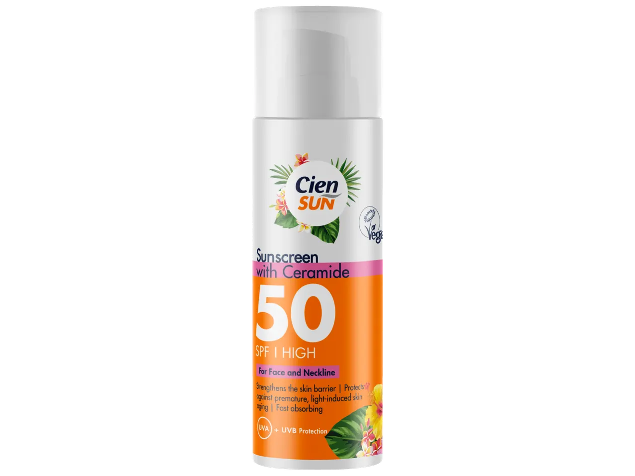 Loțiune facială Cien Sun cu protecție solară SPF 50 și ceramide.