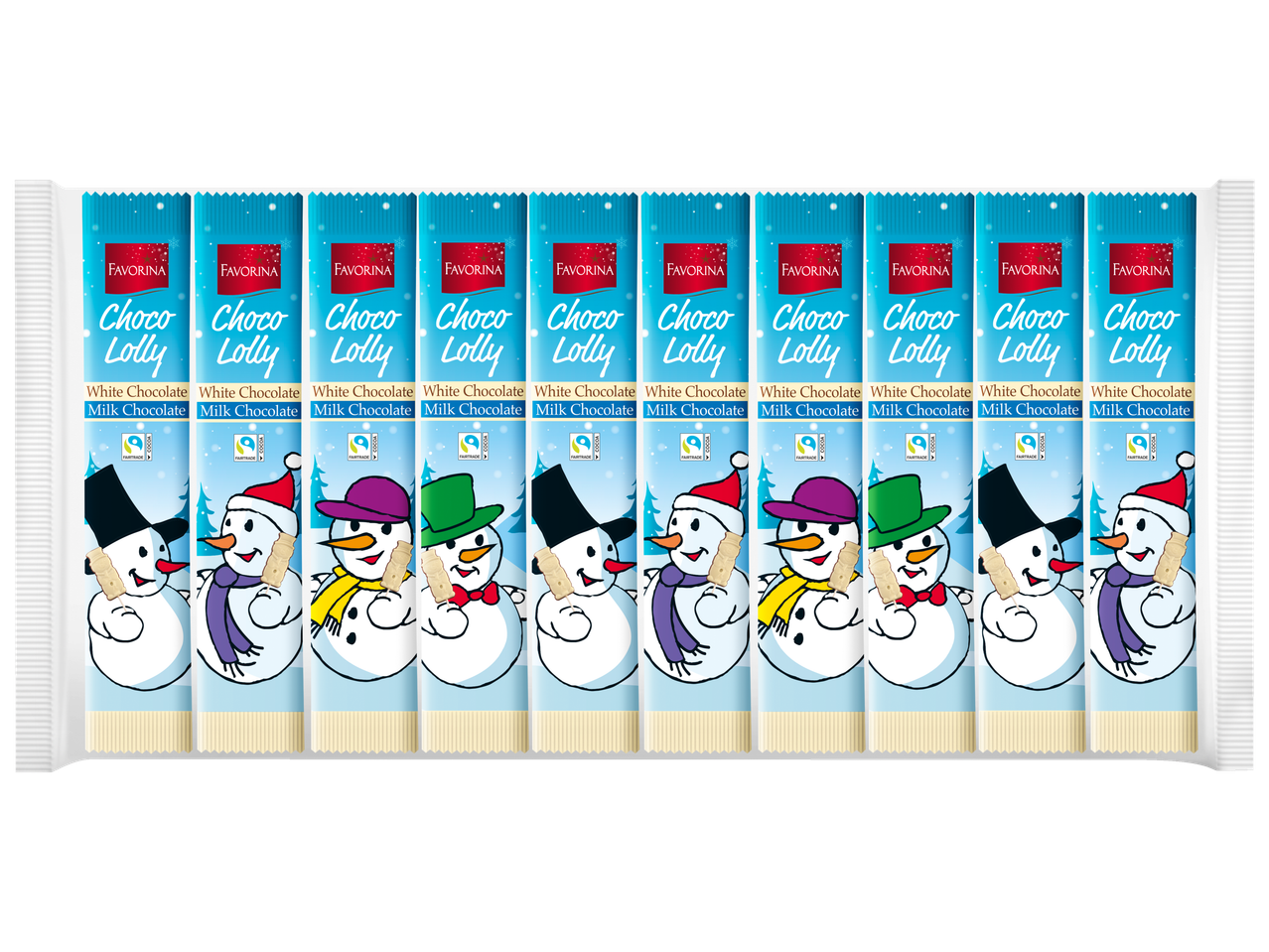 Kümme Favorina Choco Lolly valge ja piimašokolaadi batooni, lumememmede kujundusega.