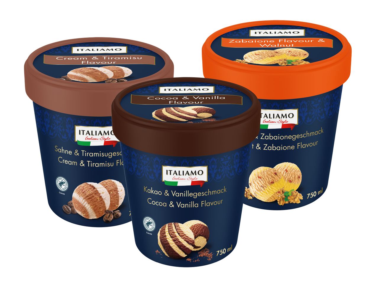 Drei Sorten Eis von Premia: Schokolade, Haselnuss und Banane.
