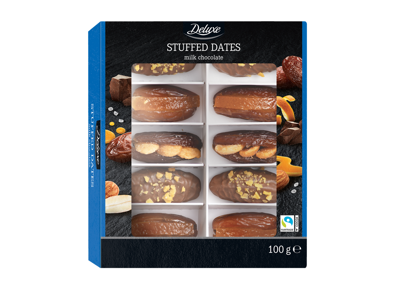 Deluxe įdarytos datulės su pienišku šokoladu, 100g pakuotė