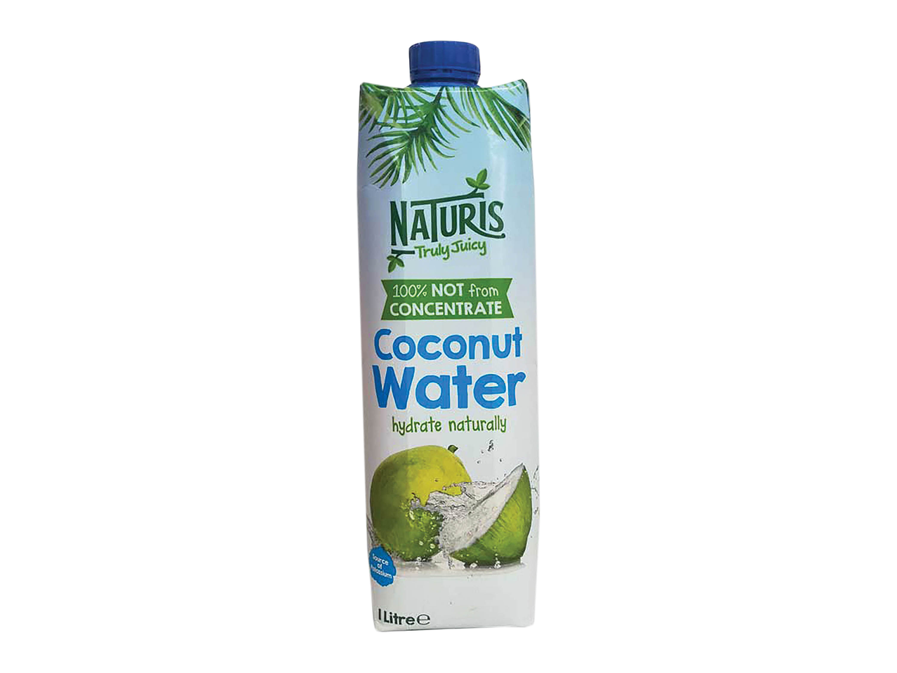 Naturis Coconut Water carton with a blue cap and a green coconut illustration.