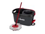 A red and black spin mop and bucket set on a white background.