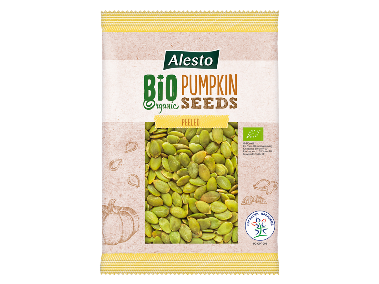 Alesto Bio hámozott tökmag tasakban.