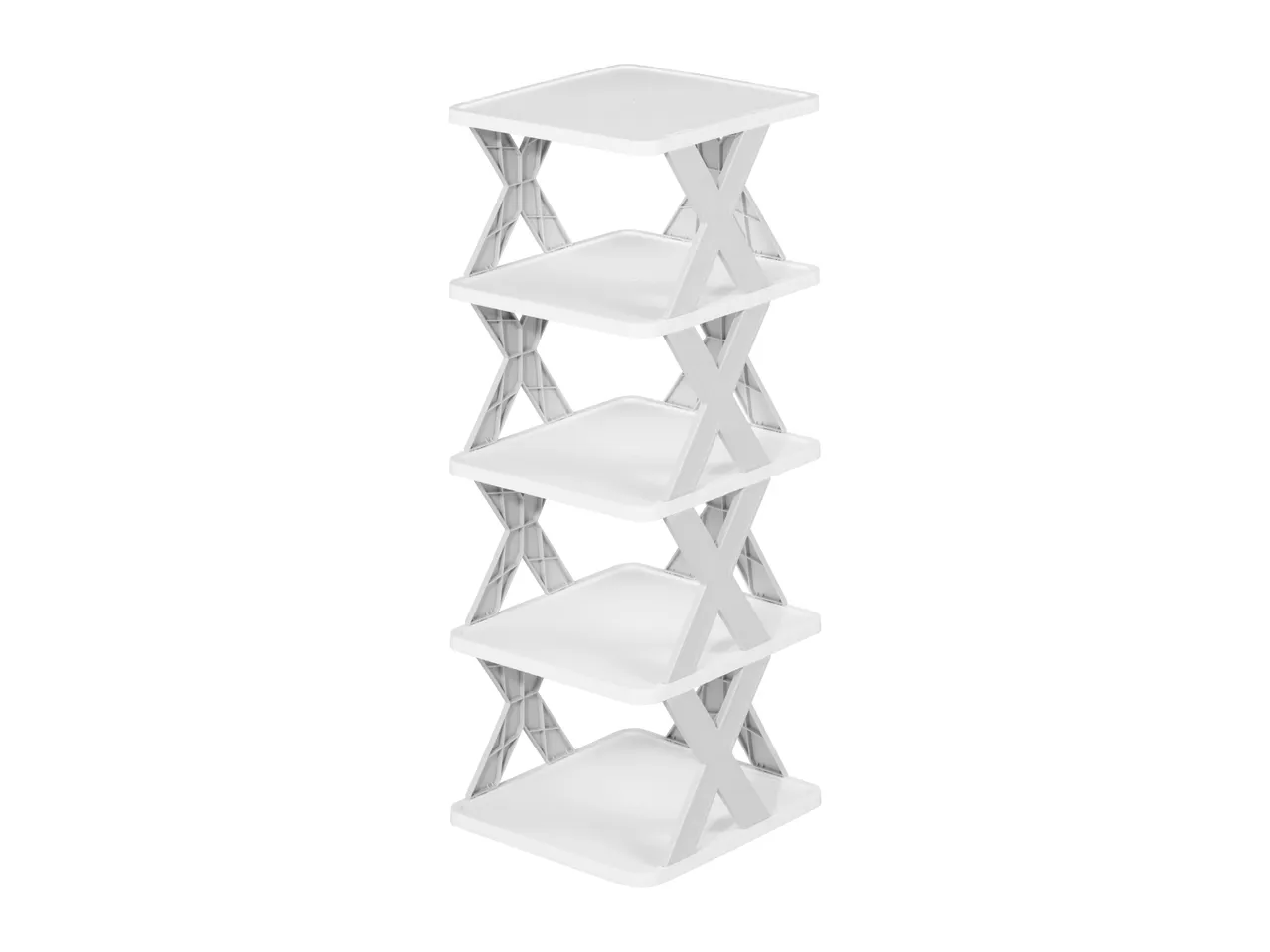 White five-tier plastic storage shelf with X-shaped supports.