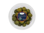 A clear plastic container of green Cerignola olives with a dark blue label indicating '150 ge'.