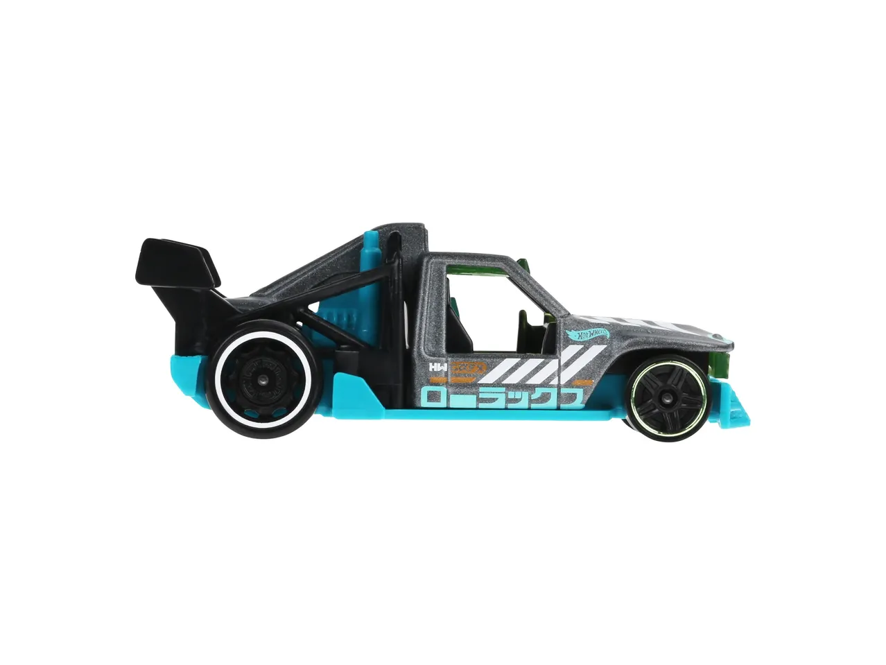 Camion Hot Wheels bleu et noir, style course.