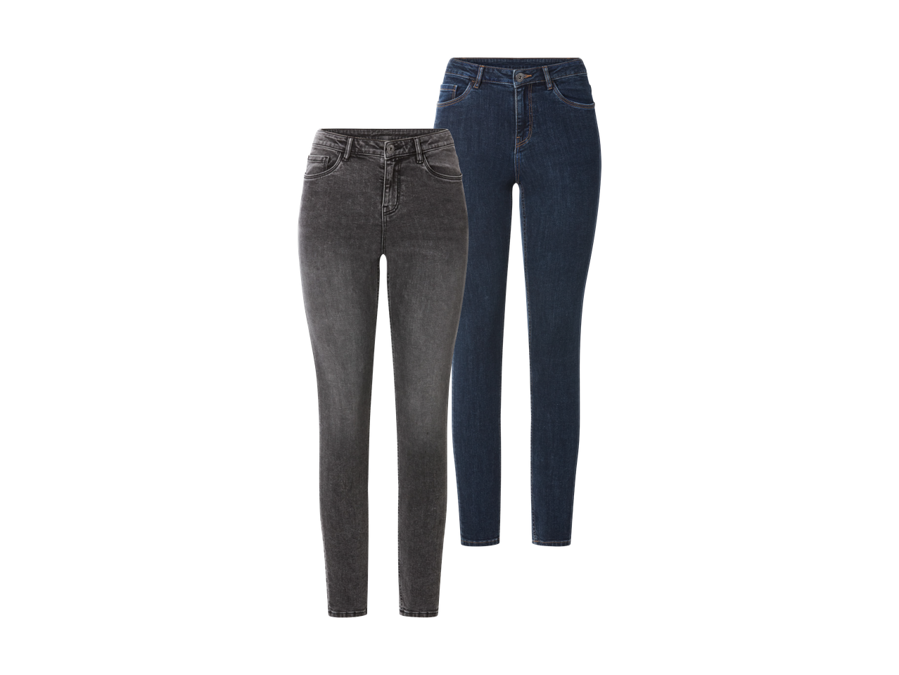 Dvoje ženskih traperica: jedne tamnosive i jedne tamnoplave.