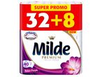 Опаковка тоалетна хартия с надпис „SUPER PROMO 32+8“, „STRONG & SOFT“, „40 ROLLS 3 PLY“ и „Relax Purple“.