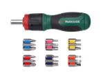 Chave de fendas de catraca Parkside com conjunto de bits coloridos