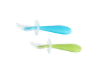 Two Munchkin feeding spoons, one blue and one green, with soft silicone tips.