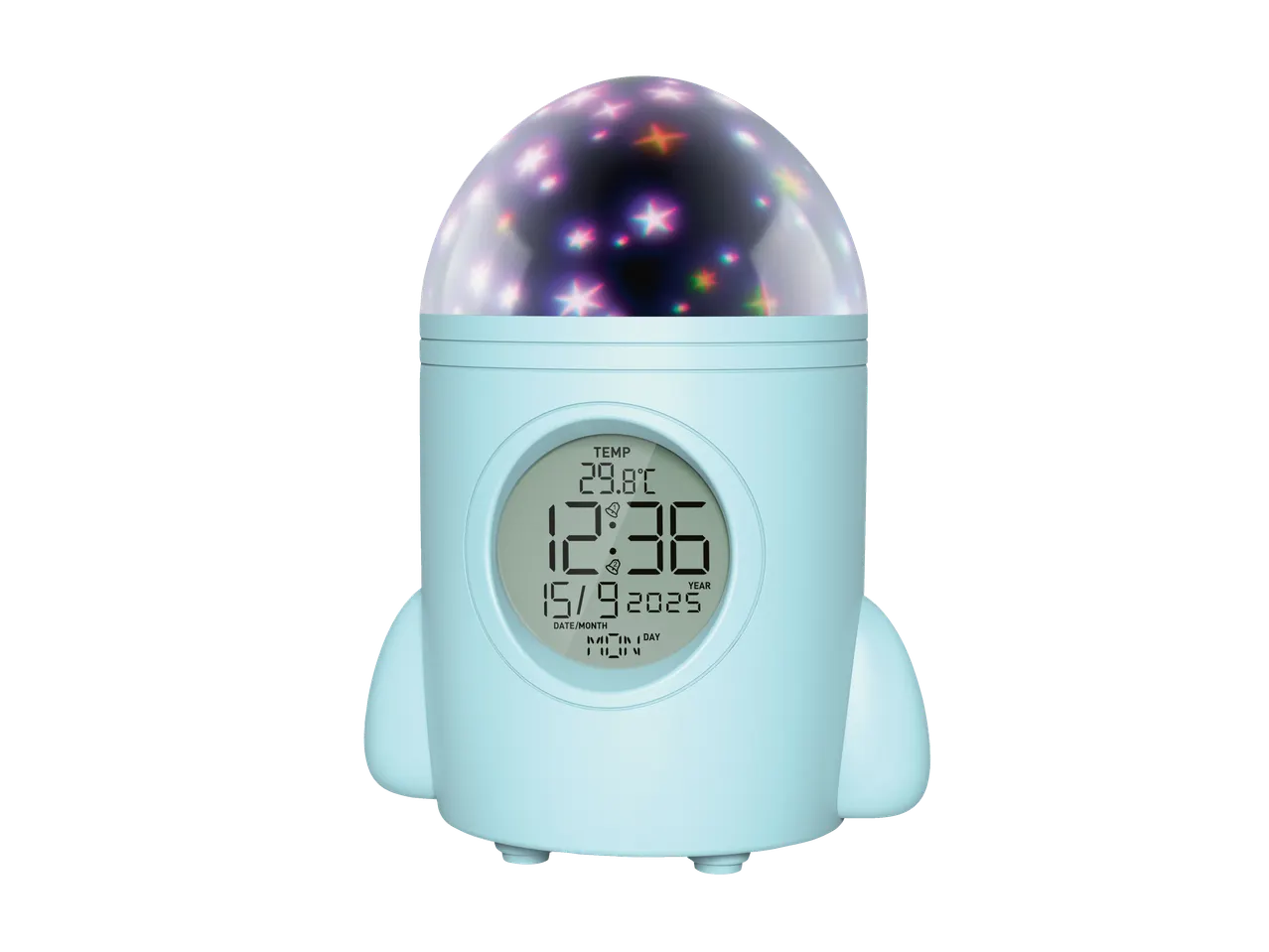 Despertador infantil TRONIC em forma de foguete com projetor de estrelas e display digital.