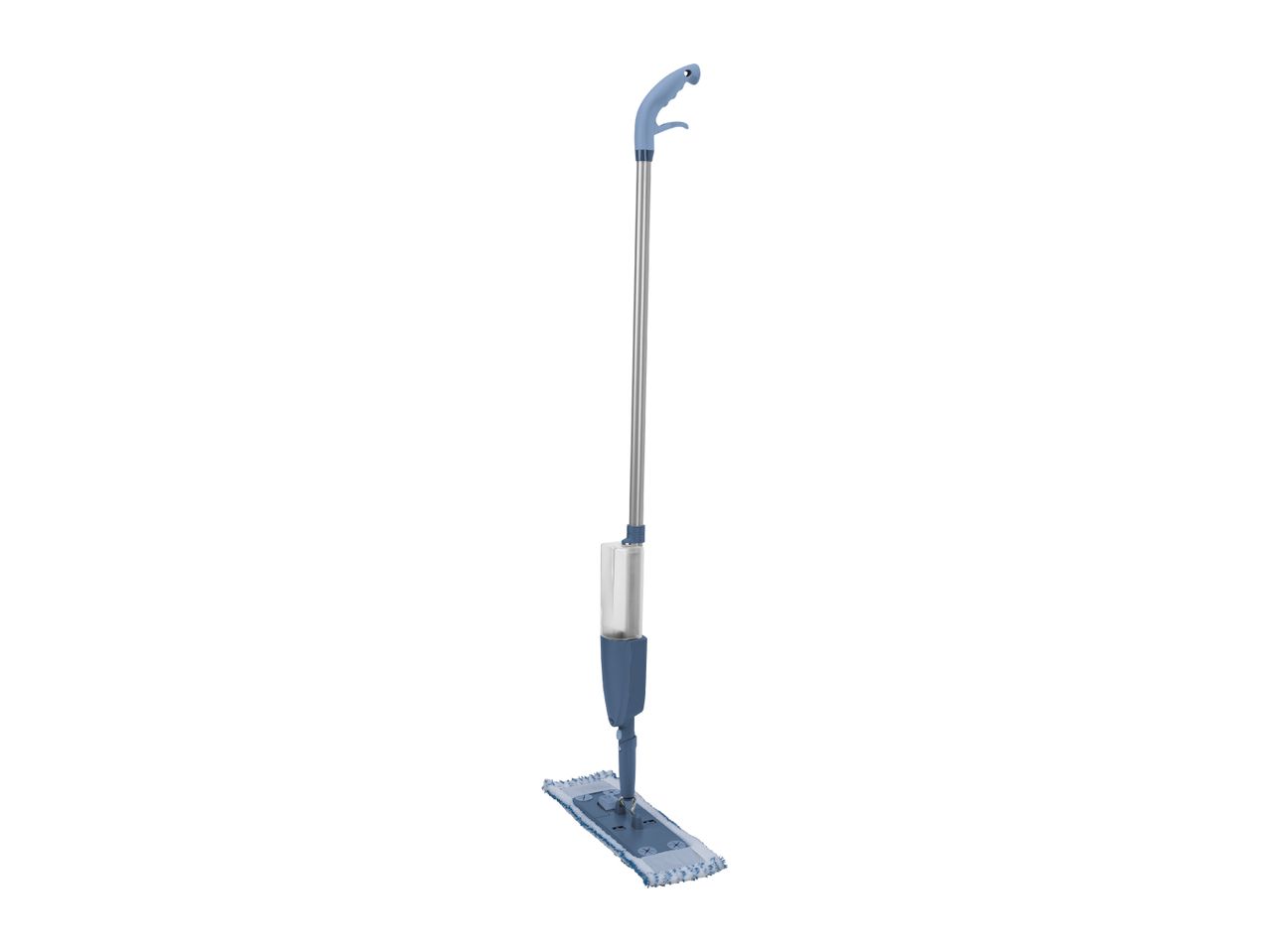 Blue spray mop with a microfiber pad and a water tank