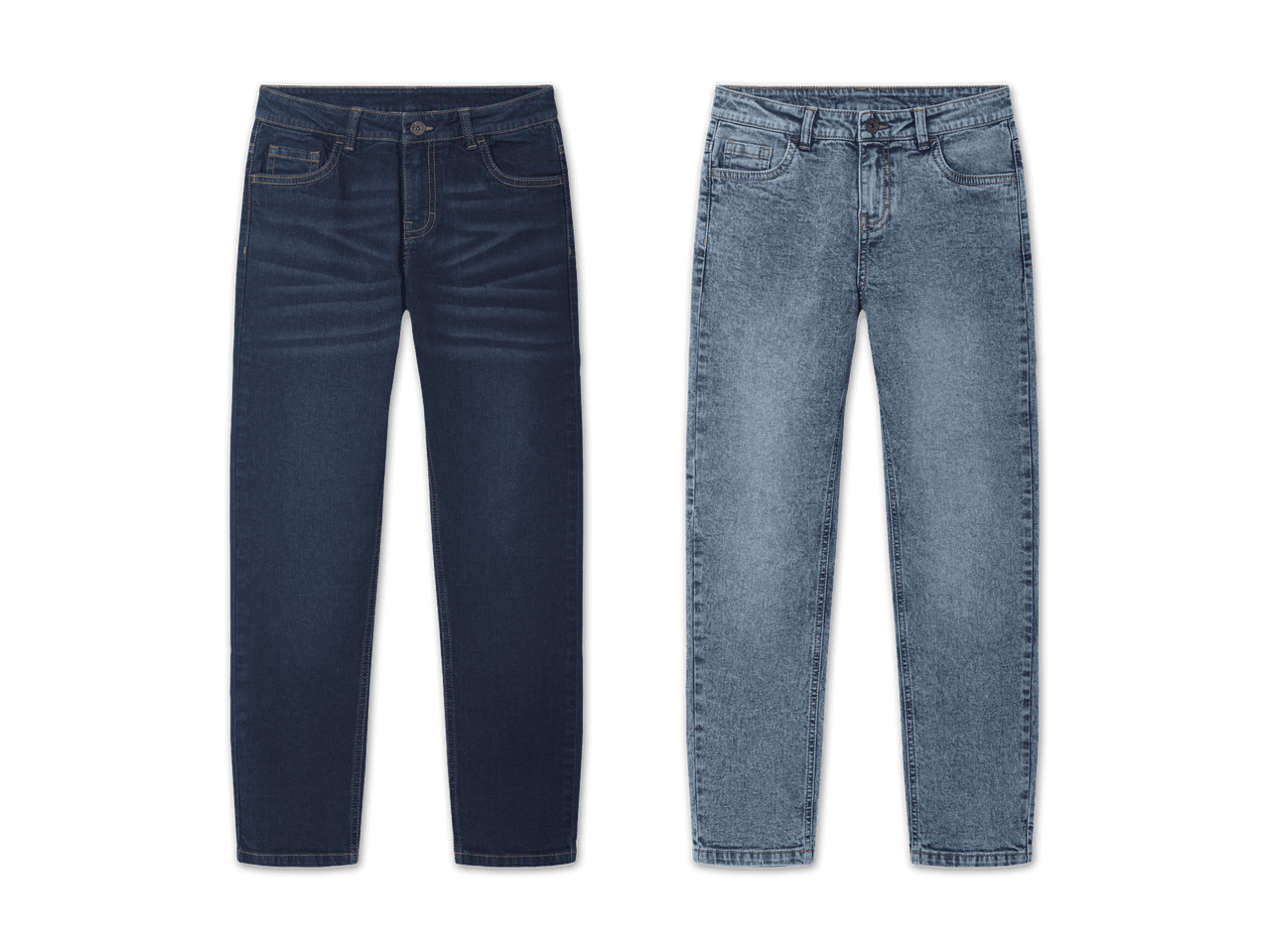 Zwei Paar Kinder-Jeanshosen in Dunkelblau und Hellblau nebeneinander.