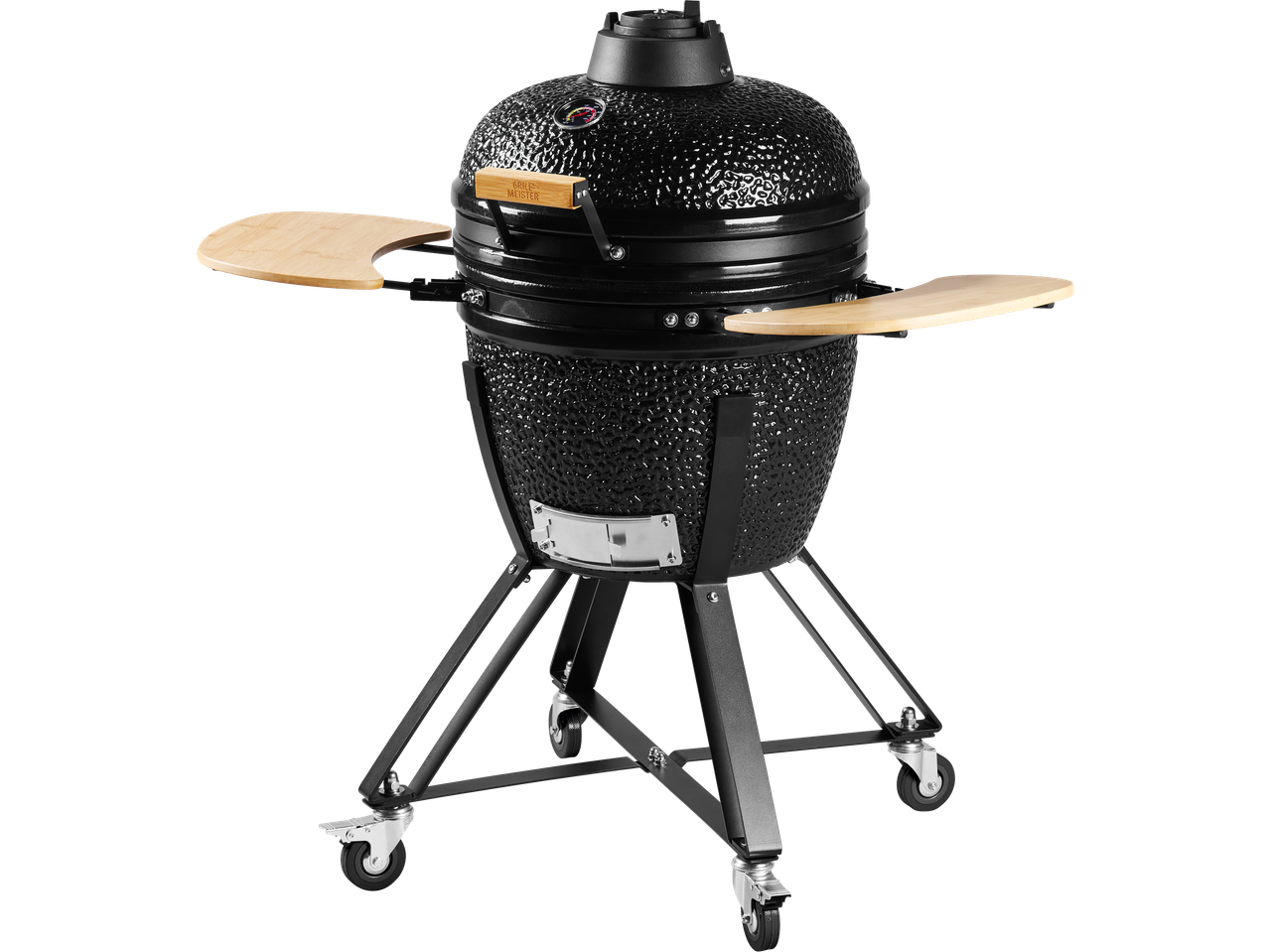 GRILLMEISTER grelhador de cerâmica com acabamento texturizado preto e prateleiras laterais de madeira.