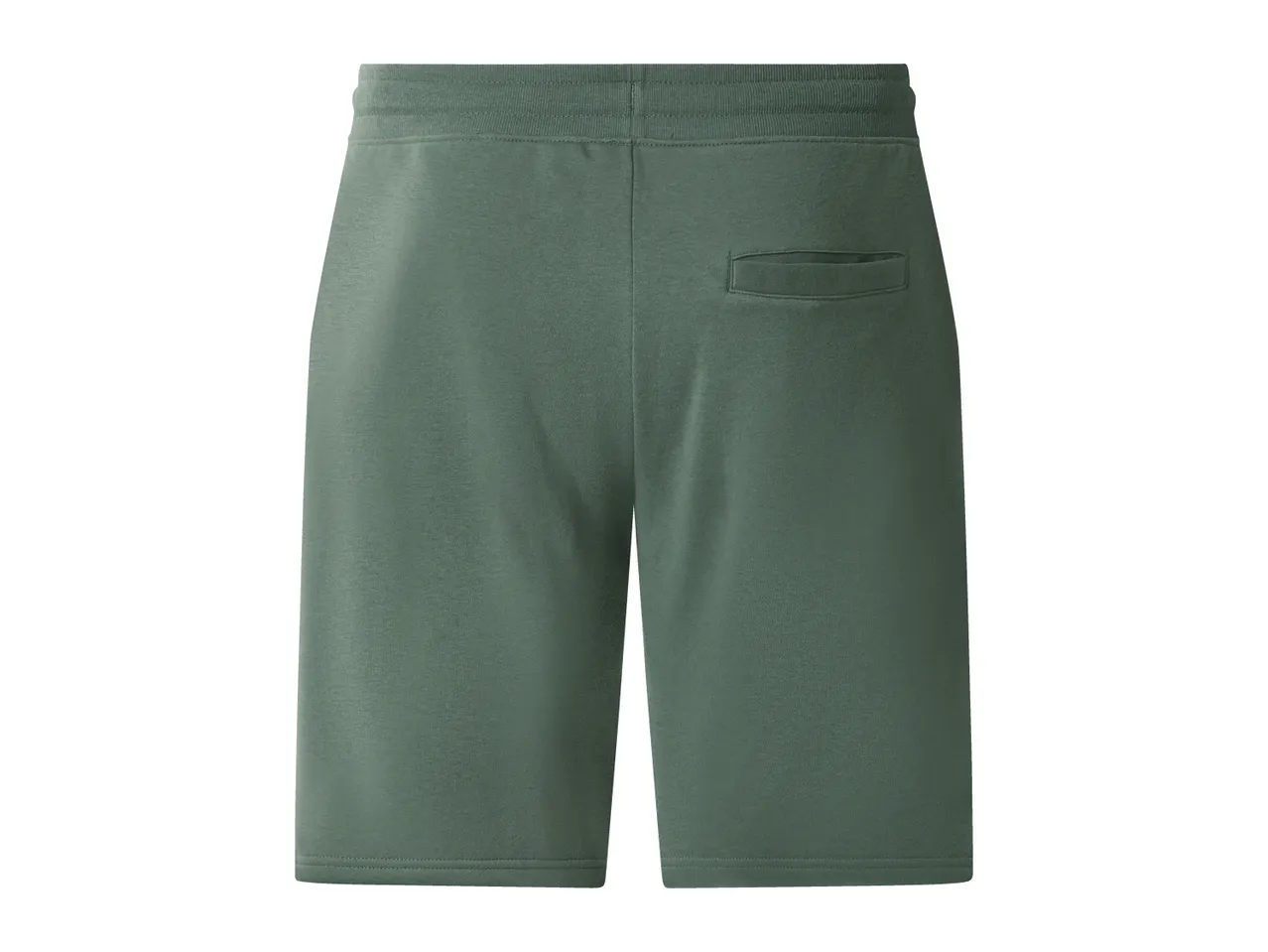 Back view of dark green men's sweat shorts with an elastic waistband and a back pocket.