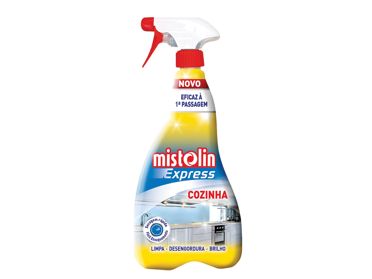 Frasco de spray Mistolin Express Tira Gorduras Cozinhas, destacando secagem rápida e fácil enxaguamento.