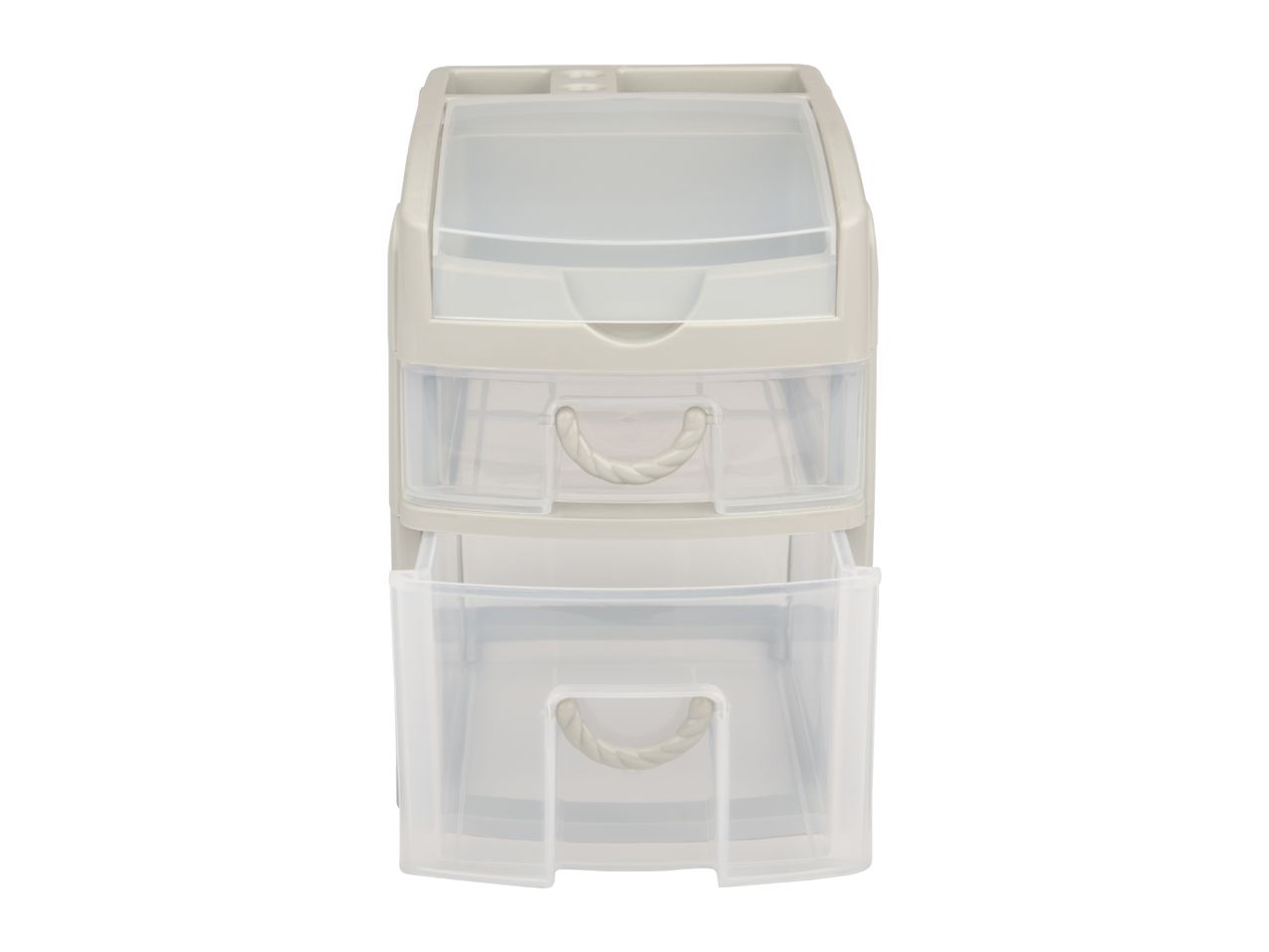 Three-drawer plastic storage unit with a top compartment and rope handles
