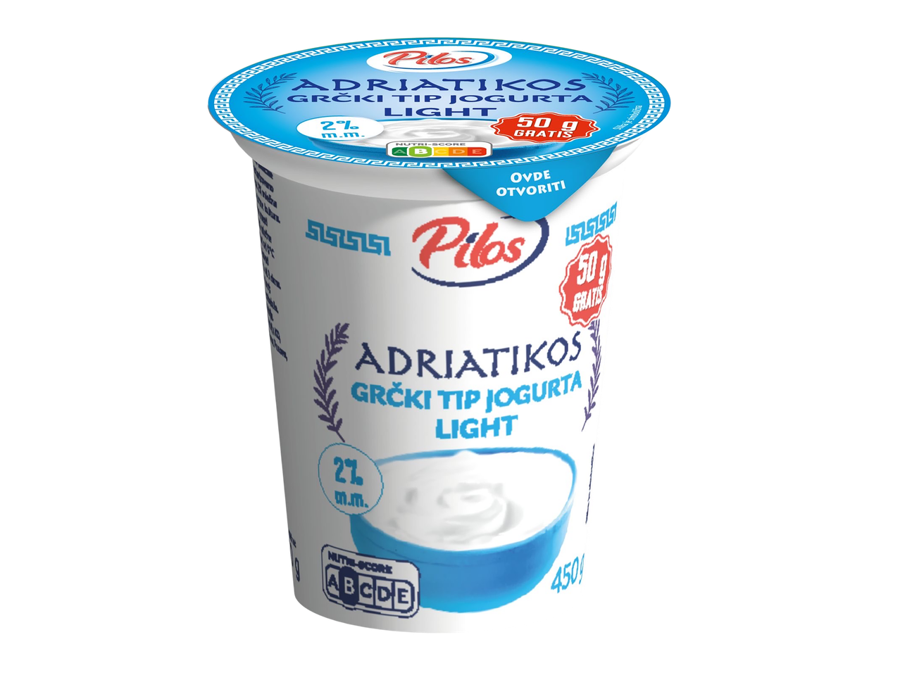 Pilos Adriatikos grčki tip jogurta Light, 2% m.m., sa 50g gratis i Nutri-Score A.