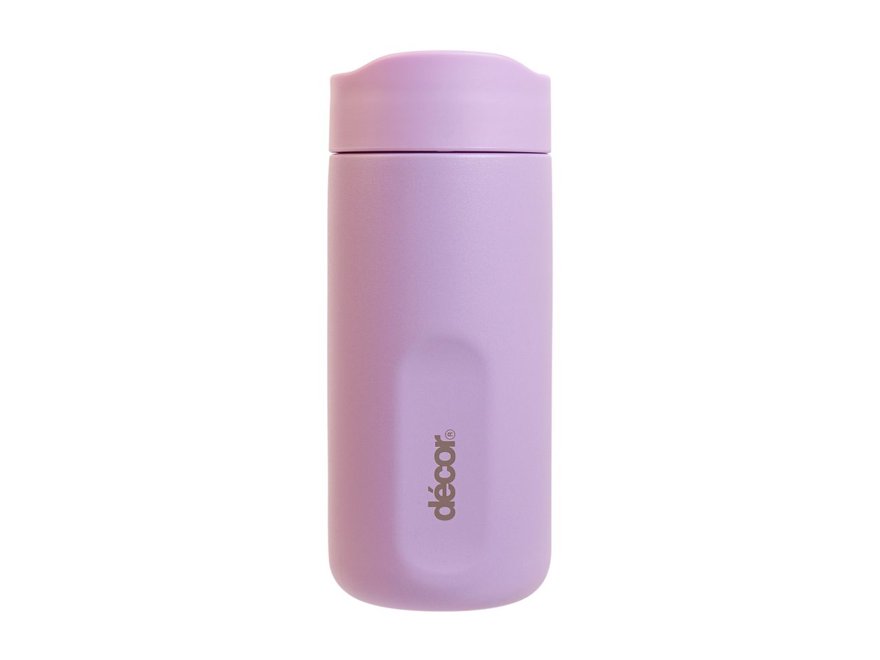 A light purple insulated travel mug with a matching lid, featuring a subtle vertical logo.