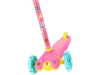 Pink children's scooter with cartoon dog characters and fruit designs