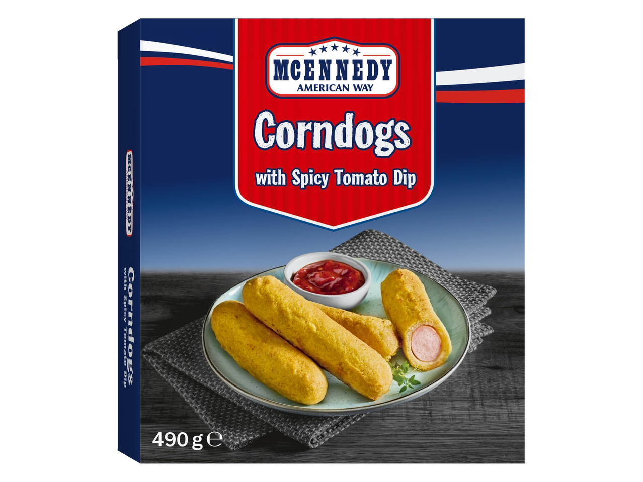 McEnnedy Corndogs with Spicy Tomato Dip packaging, showing corndogs on a plate.