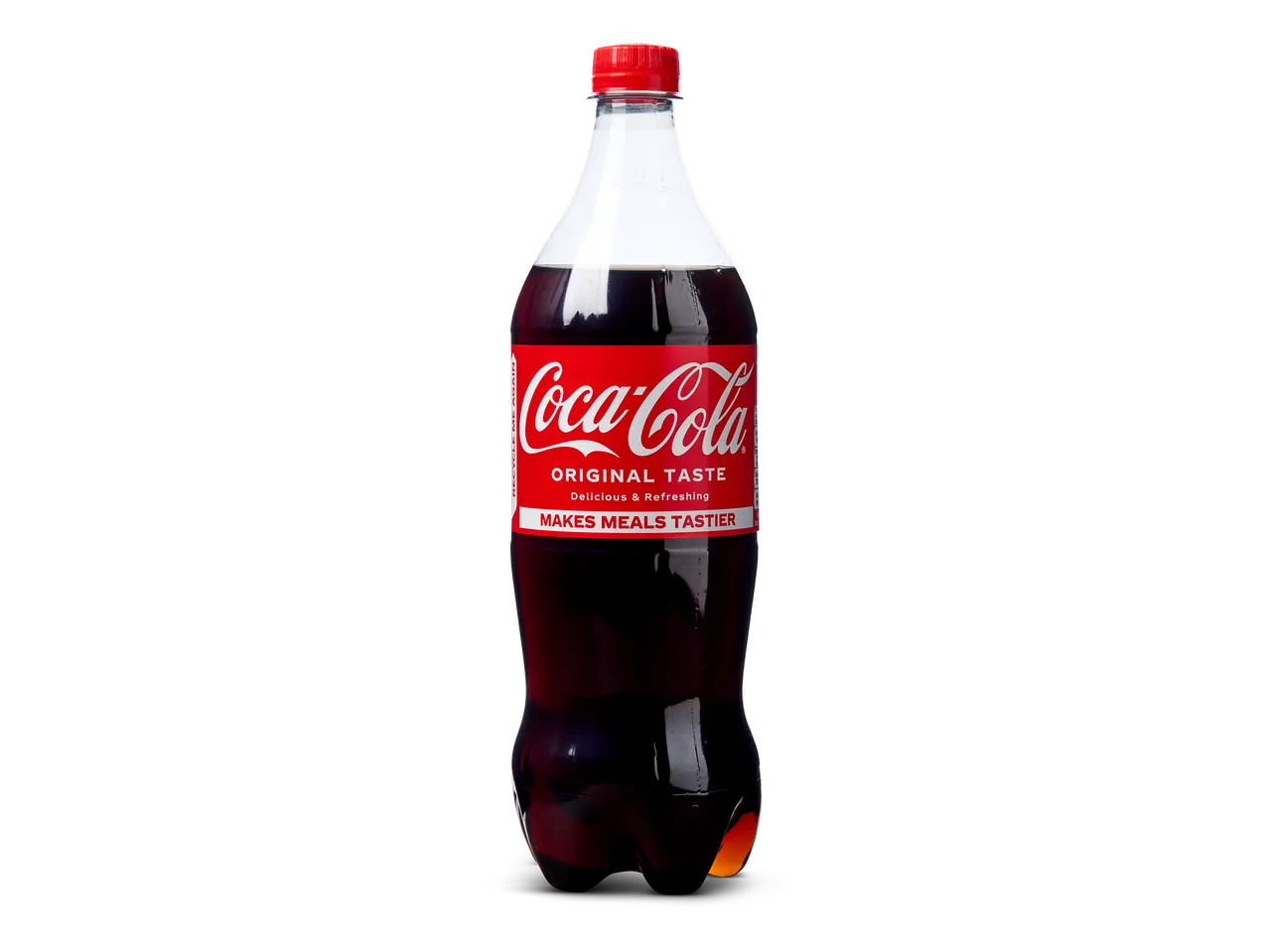Een fles cola met de tekst 'ORIGINAL TASTE' en 'MAKES MEALS TASTIER'.