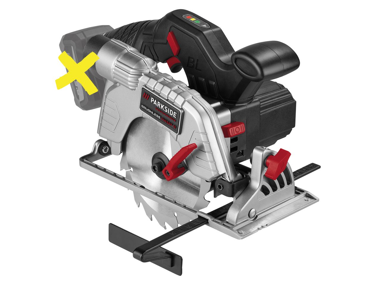 A Parkside cordless circular saw with a yellow X over the battery slot.