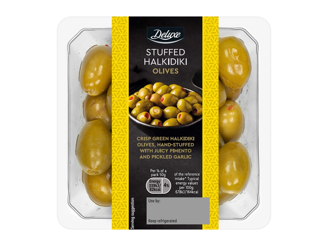 A clear plastic tray of stuffed Halkidiki olives with pimento and pickled garlic, with a black and yellow label.