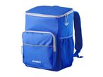 Blue cooler backpack with a front pocket, side mesh pocket, and padded shoulder straps.