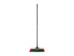 Floor brush with red and green bristles and a black handle.