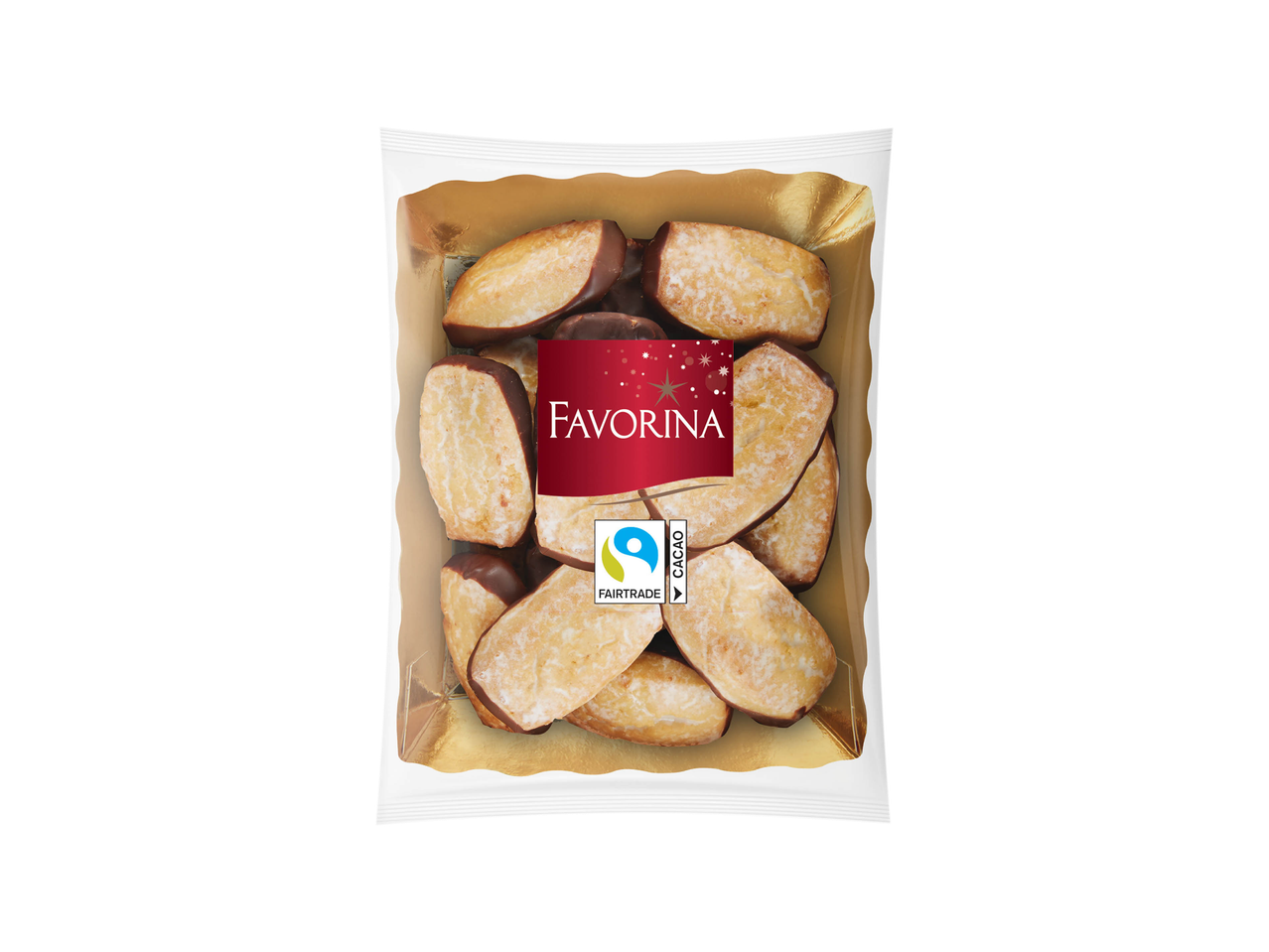 A clear bag of Favorina gingerbread cookies with chocolate coating, featuring a Fairtrade Cacao label.