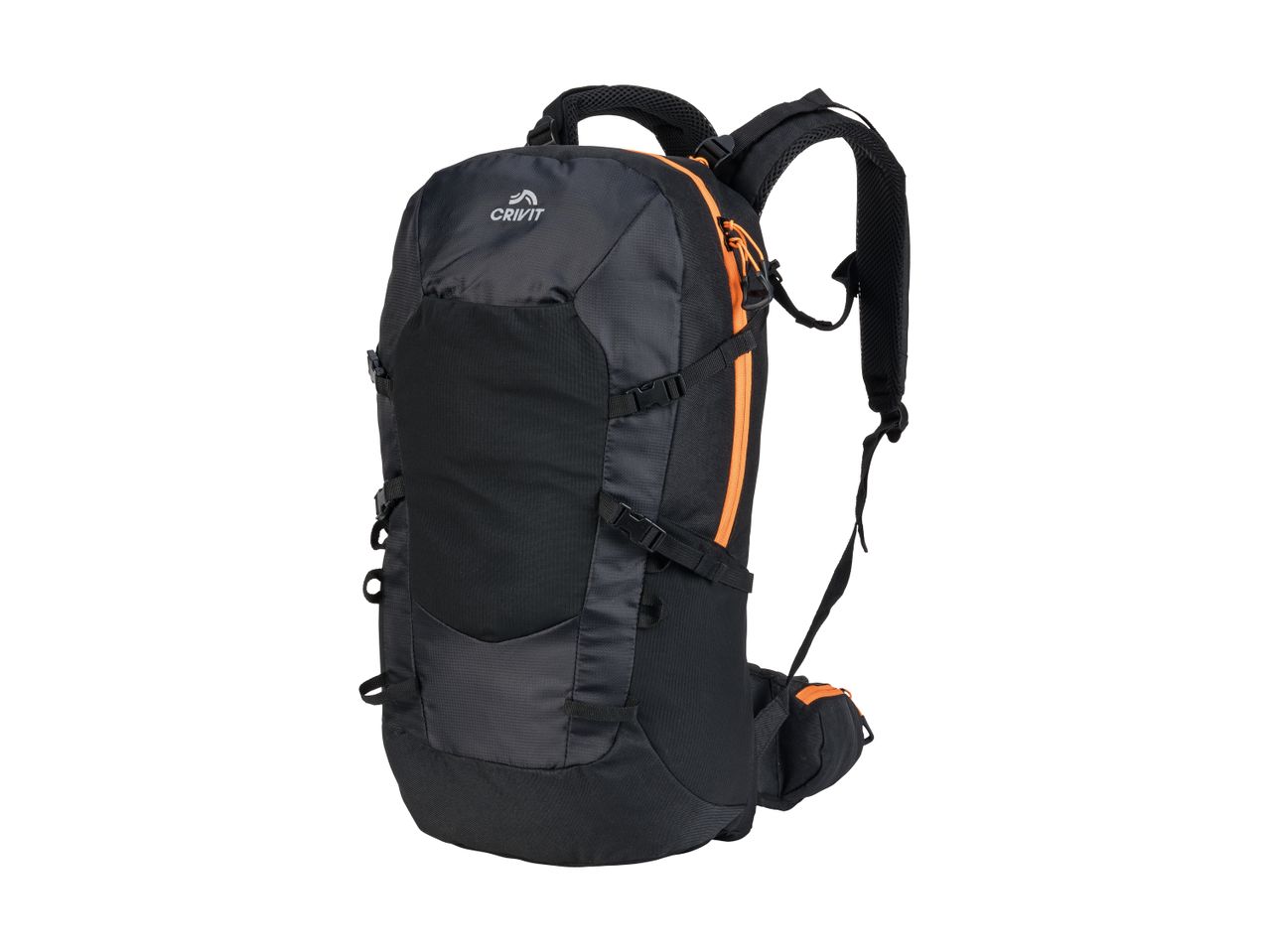 Black and orange hiking backpack with multiple straps and compartments