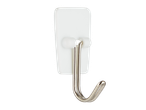 A white adhesive hook with a metal hook.