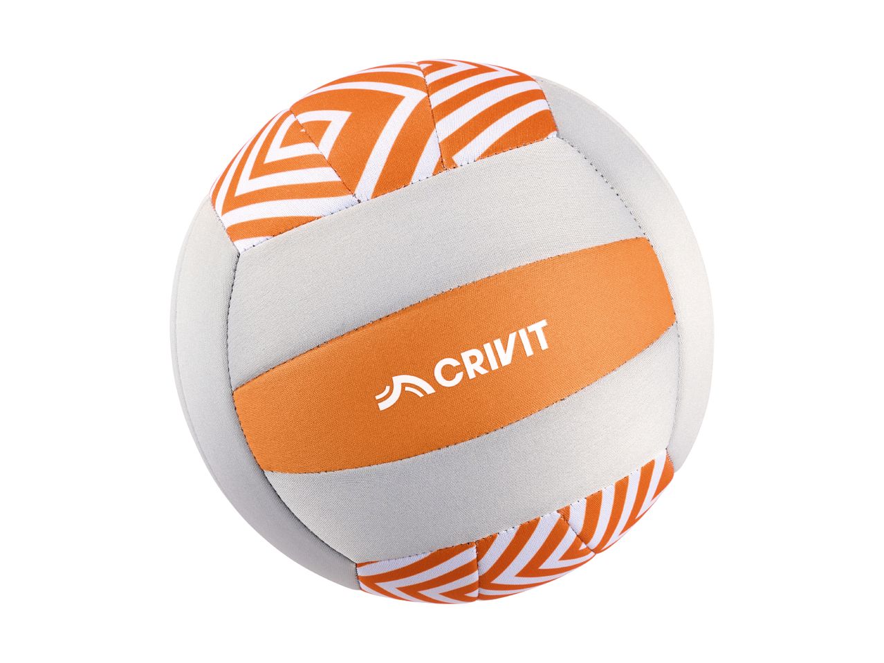 Volleyball in white and orange with a geometric pattern and text on the central band.