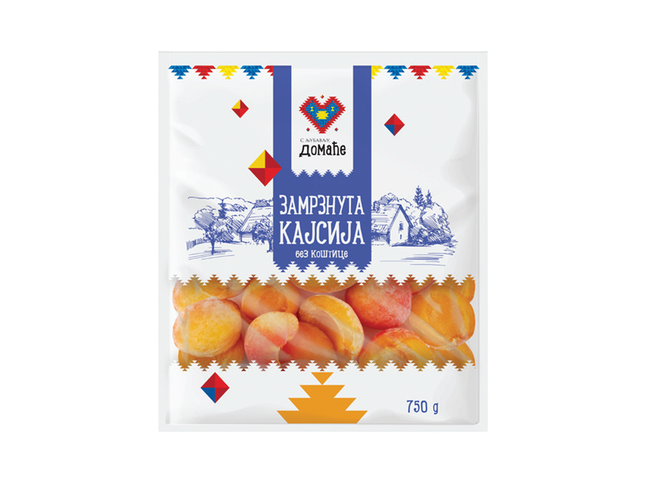 Pakovanje smrznutih kajsija bez koštica, sa tradicionalnim motivima i natpisom „ZAMRZNUTA KAJSIJA bez koštice“.