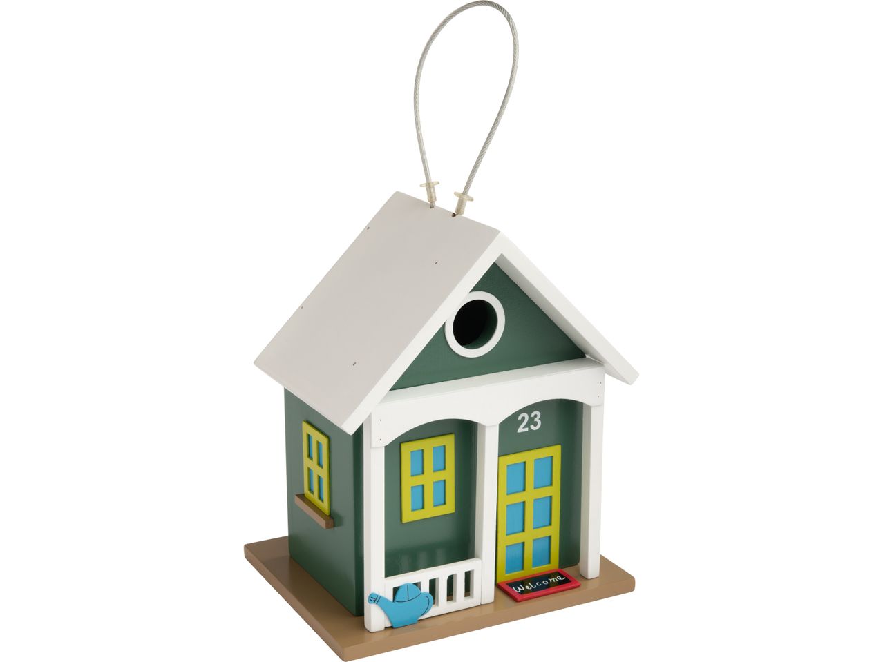 A charming green Nest Box with a white roof and yellow and blue accents, featuring a number 23 and a welcome mat.