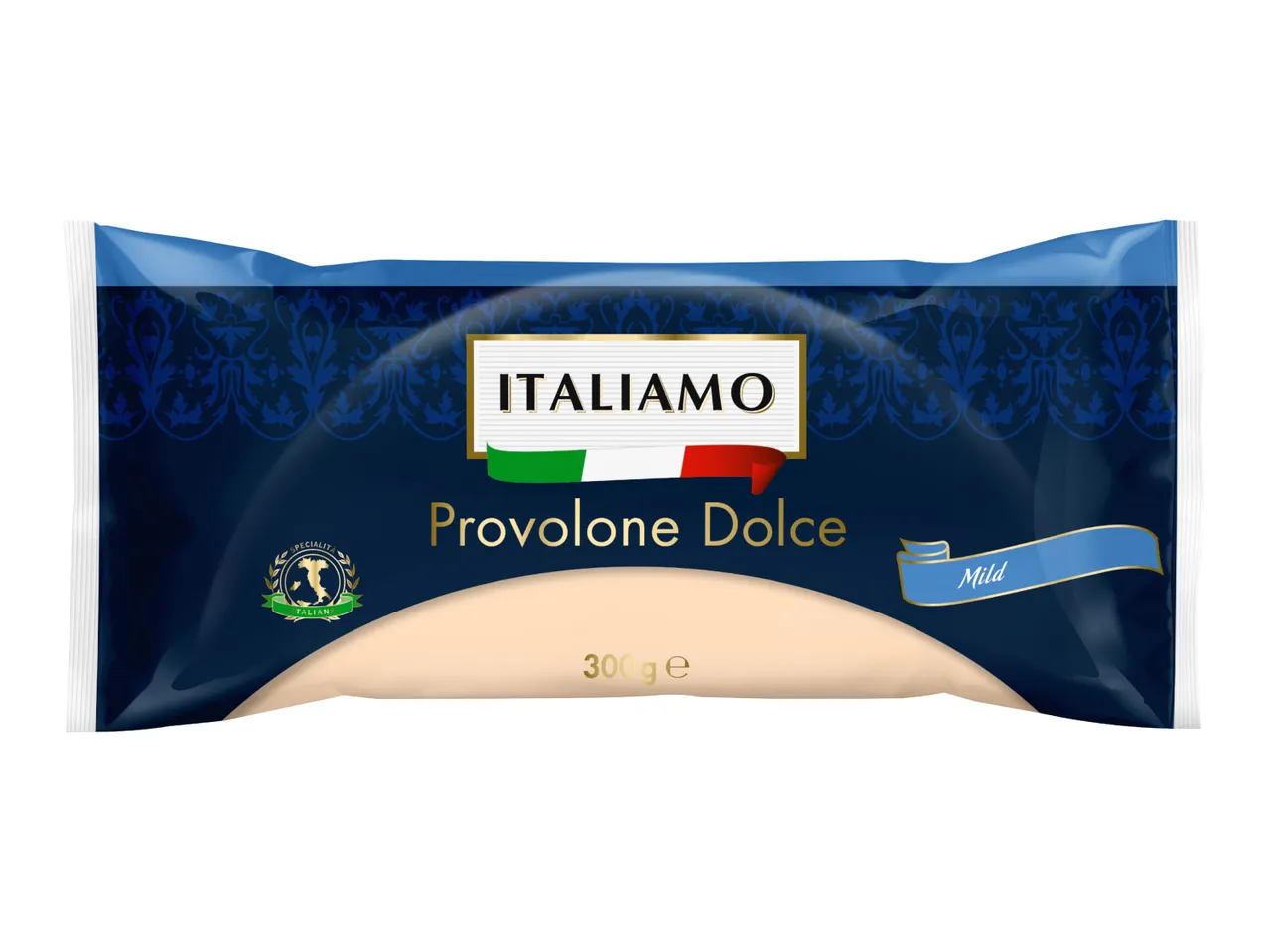 Provolone Dolce cheese in blue and white packaging, 300g.