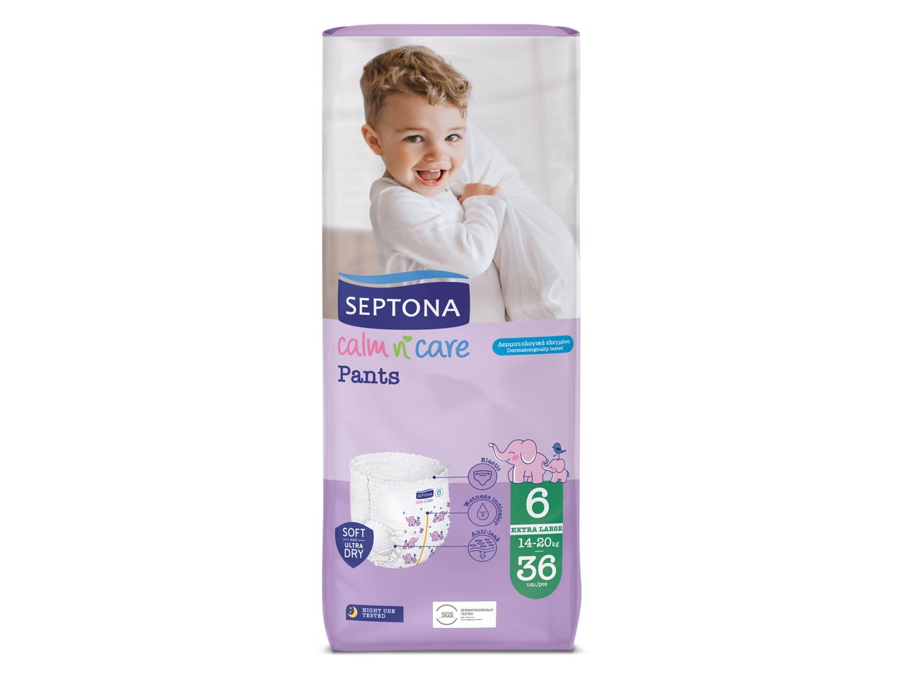 Πάνες-βρακάκι για μωρά, μέγεθος 6 (Extra Large, 14-20kg), 36 τεμάχια, απαλές και στεγνές.