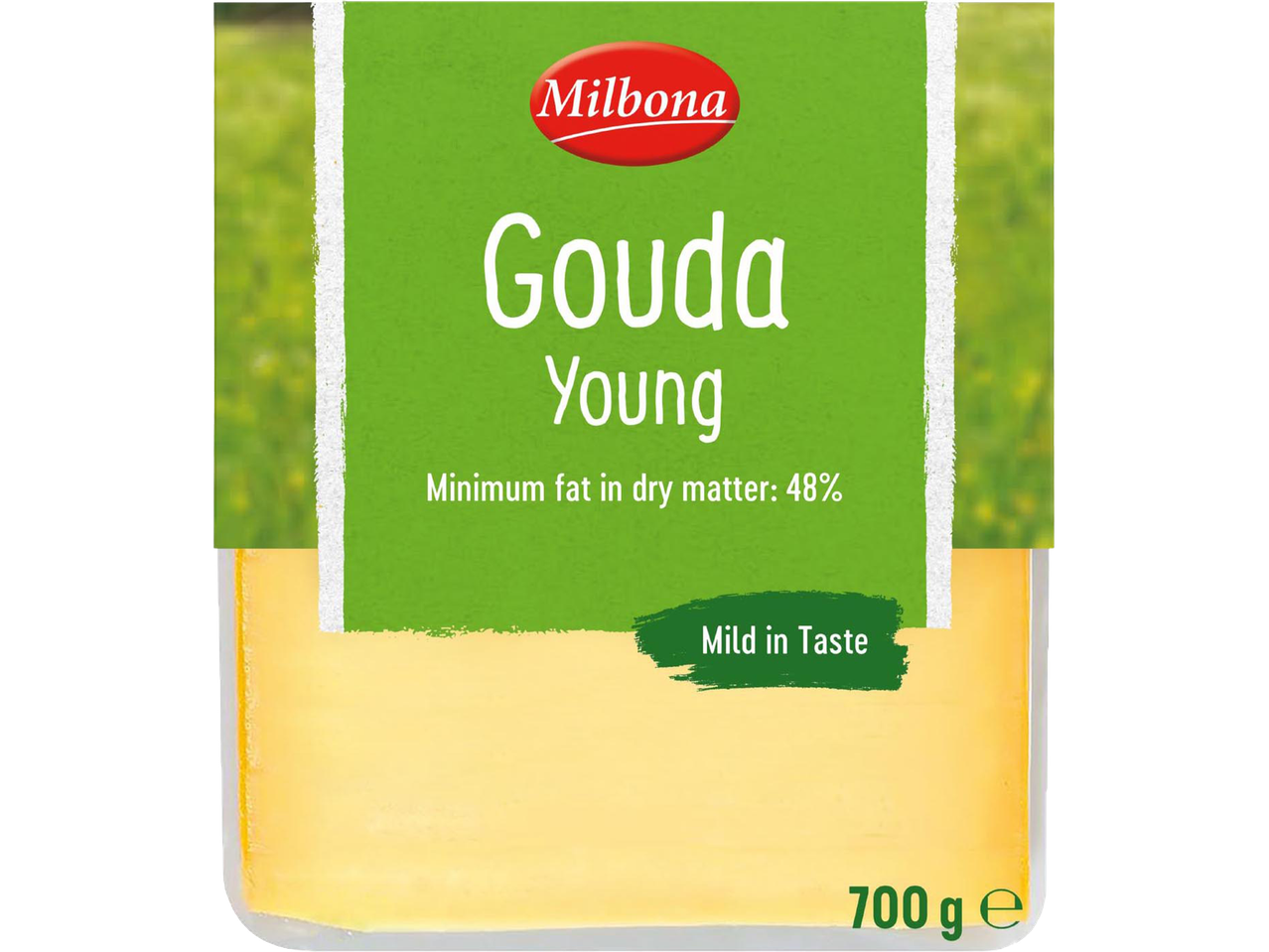 Fiatal Gouda sajt, 700g-os kiszerelésben, enyhe ízű, 48% szárazanyag zsírtartalommal.