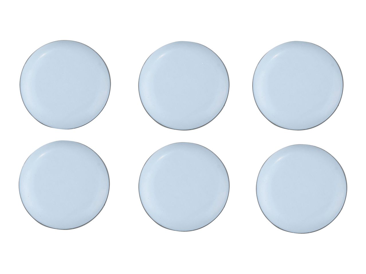 Six light blue stoneware dinner plates.