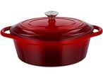 Red cast iron Casserole Dish with a silver knob on the lid.
