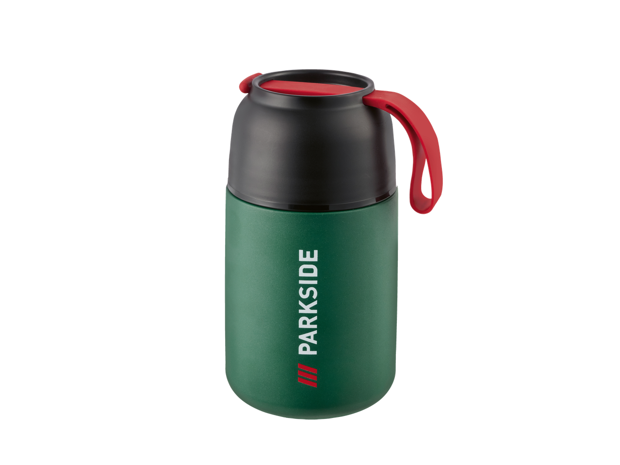 A green and black Parkside thermos with a red handle and lid.