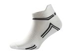 White ankle sock with black stripes and textured knit patterns