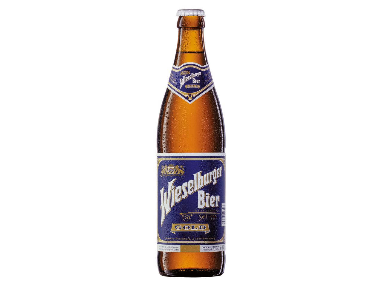 Eine Flasche Wieselburger Gold Bier steht auf weißem Hintergrund.