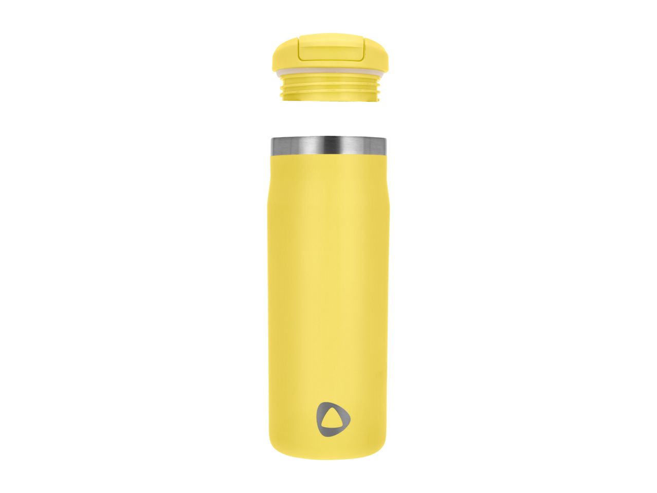 A yellow insulated travel mug with its lid detached, showing the screw threads.