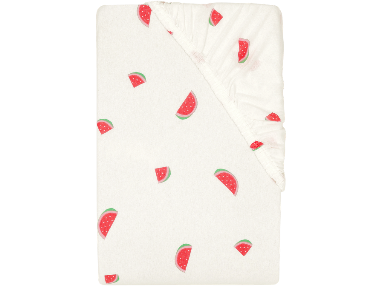 White jersey fitted sheet with a playful watermelon slice pattern.