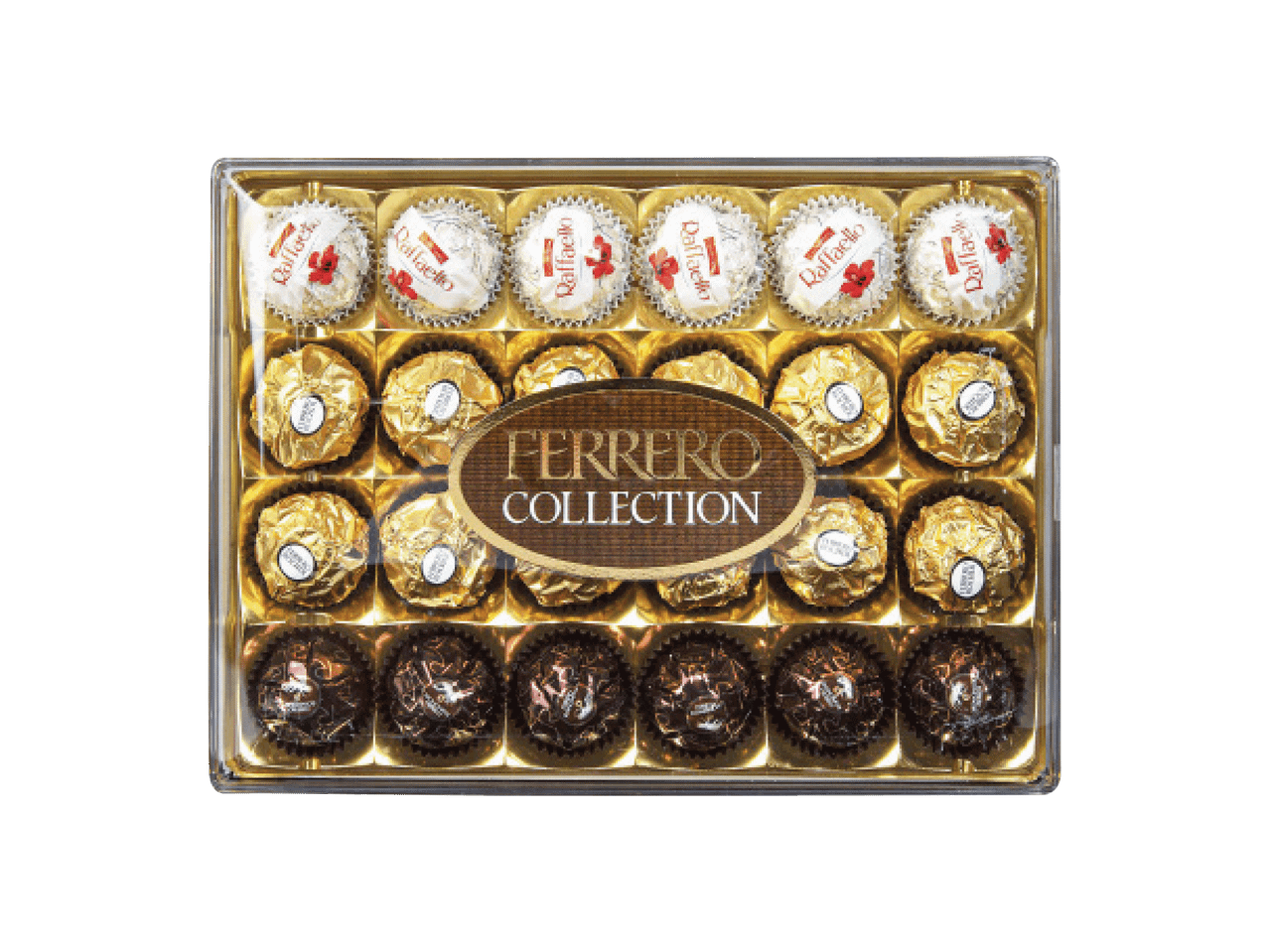 Ferrero Collection šokoladinių saldainių dėžutė su Raffaello, Ferrero Rocher ir tamsaus šokolado saldainiais.