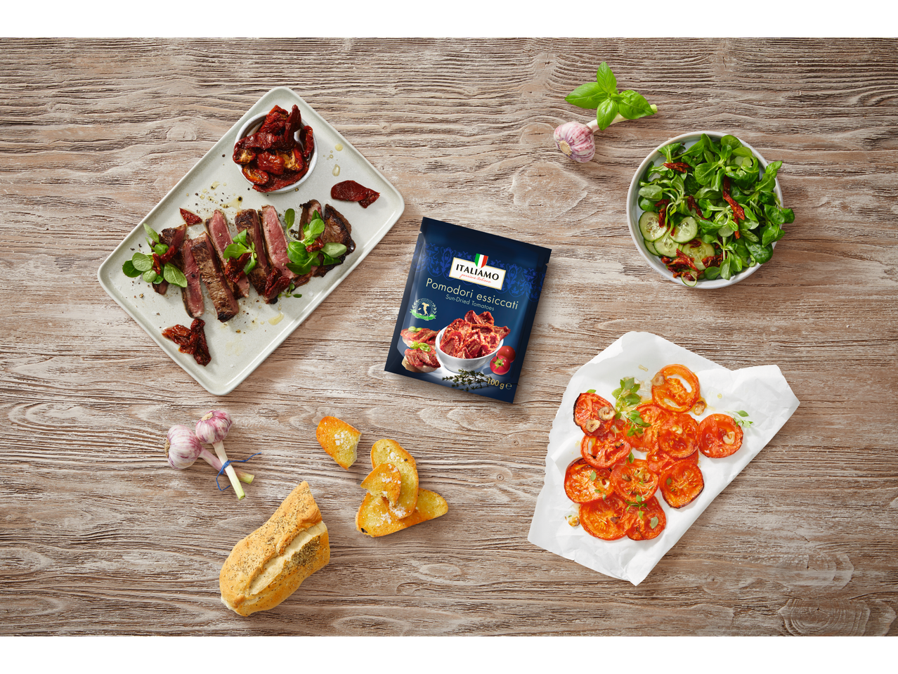 Italiamo sun-dried tomatoes featured with steak, salad, and roasted tomatoes.