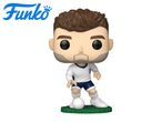 Football player figurine in a white and blue uniform with a soccer ball on a green base.