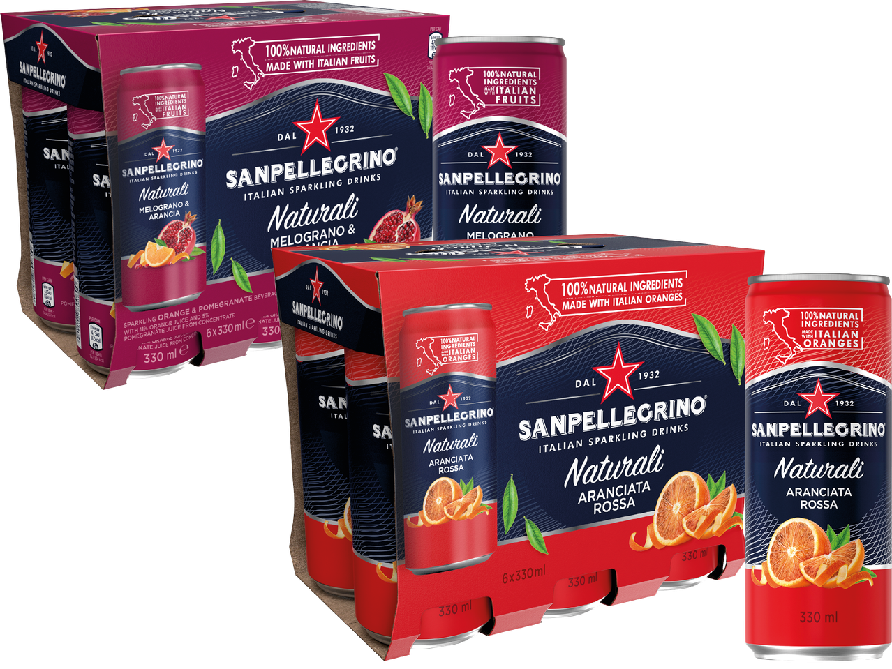 Sanpellegrino Naturali-drycker i sexpack med smak av blodapelsin och granatäpple.
